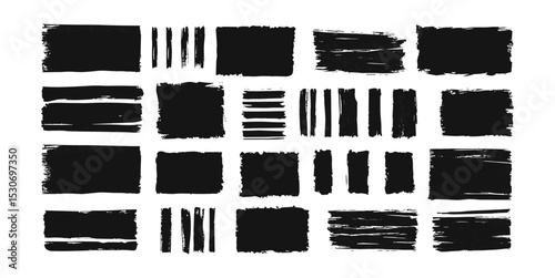 Black vector rough edge rectangles, grungy distressed text boxes, jagged torn paper background, paint brush strokes, hand-drawn ripped papers for collage, vintage texture vector illustration.
