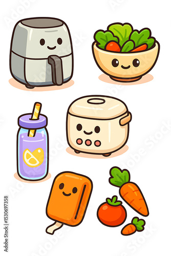 Cute kitchen items and healthy food illustrations featuring air fryer, salad bowl, drink, rice cooker, and vegetables