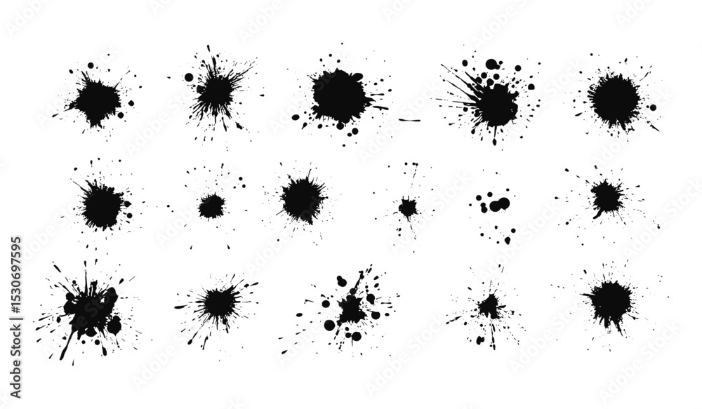 Black vector spray paint splatter elements, graffiti ink dotted splashes, grainy retro style, analog handmade gradients, noise dust dirty drip texture, speckled grit, stippled dots spatter.