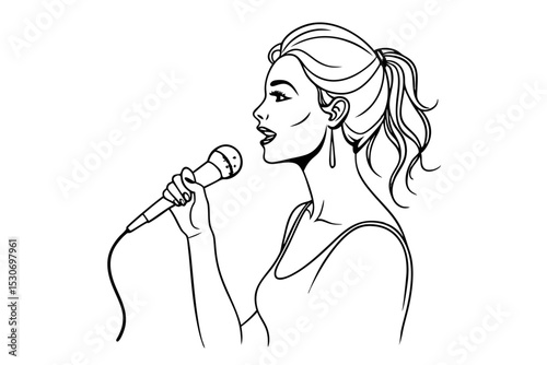 Young singer continuous line art drawing isolated on transparent background