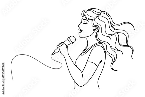 Young singer continuous line art drawing isolated on transparent background