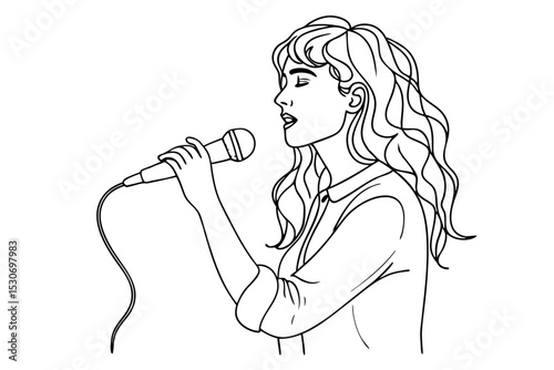 Young singer continuous line art drawing isolated on transparent background