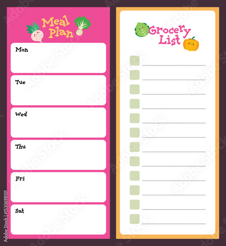Cute kawaii meal plan and grocery list set with blank colorful template great for organizing weekly meals shopping and family food planning fun for kids and adults.