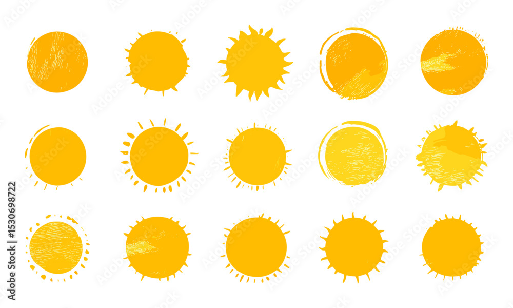 Abstract yellow suns set, brush sun stamps, round ink texture badges, distressed golden stamps, orange summer frames, rough grungy circles, hand-drawn round labels, vector illustration.