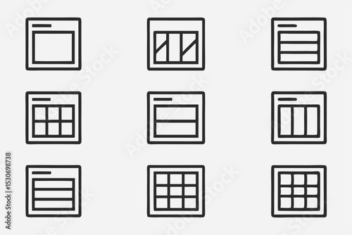 Collection of nine simple square grid layout icons for web design