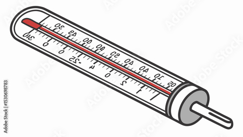 Illustration of a thermometer with a red liquid indicating a temperature reading on a white background