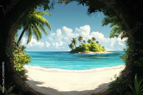 Fototapeta Naklejka Na Ścianę i Meble -  Tropical island beach scene viewed through a jungle opening.