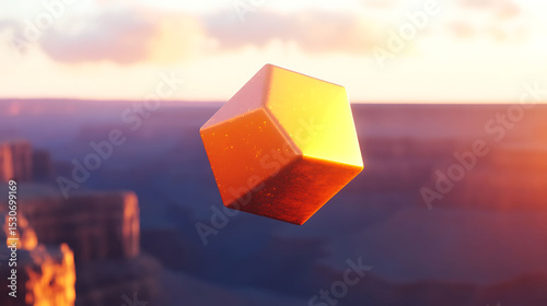 A bold 3D orange hexagon floating above a blurred canyon backdrop, with golden-hour lighting and dynamic atmospheric effects,