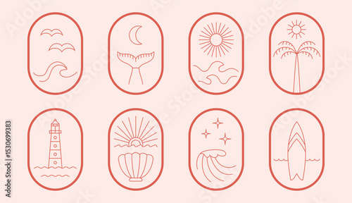 Minimalistic vacation, logo emblem in thin line boho style. Cute trendy stylish icons about travel, surf camp, school, adventure, paradise