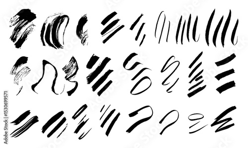 Vector illustration of rough black lines, charcoal scribbles, scribble lines on paper, childish smears, strokes and scratches, grungy crayon kids brushstrokes, vector zigzag squiggle set
