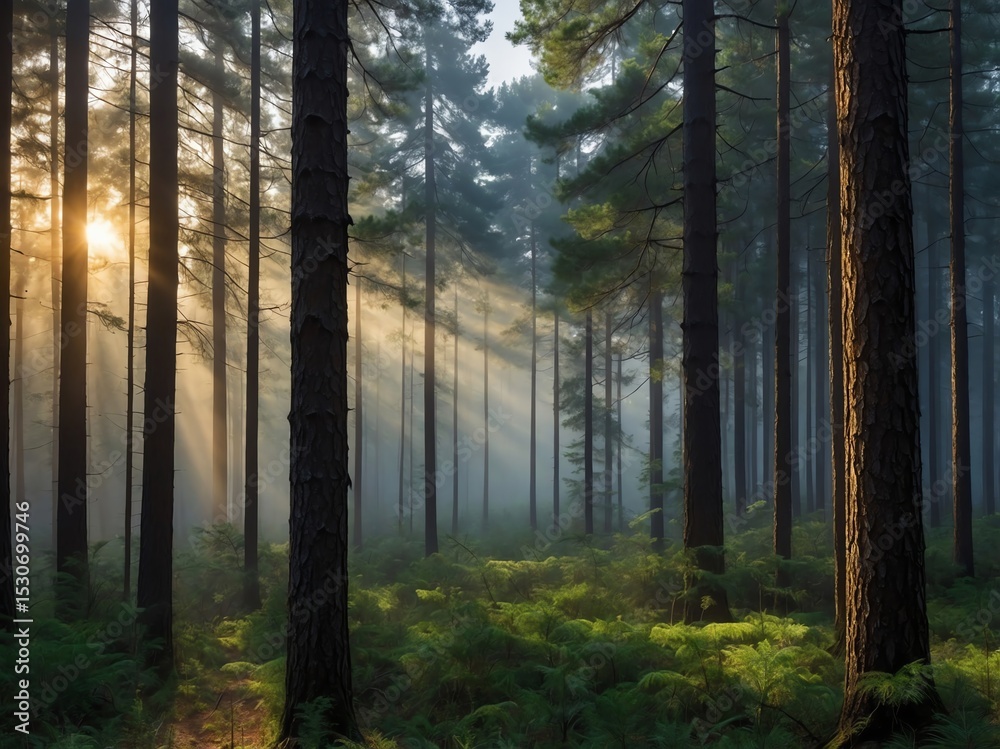 Fototapeta premium A tranquil pine forest enveloped in dawn's mist, sunlight filtering through the trees in a photorealistic portrayal.