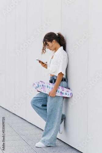 Stylish Teen Girl Holding Skateboard And Using Phone