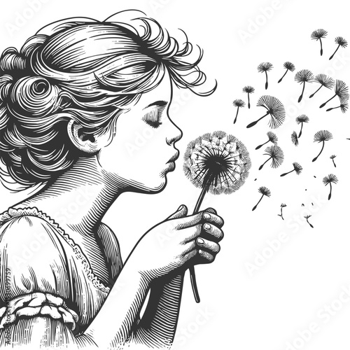 Girl blowing a dandelion, symbolizing wishes, freedom, and the fleeting nature of time sketch engraving generative ai fictional character vector illustration. Scratch board. Black and white image.