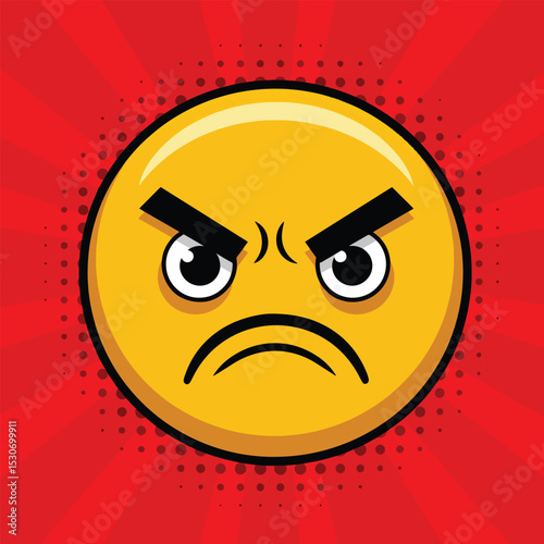angry face pop art icon on vibrant red halftone background