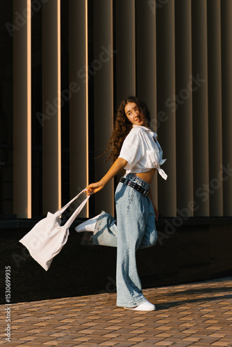 Playful Teen With Tote Bag And Style