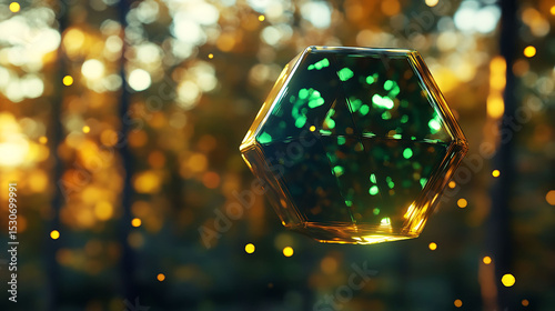 A glossy 3D hexagon floating above a blurred forest background, with vivid green and gold lighting effects reflecting across its polished surface,