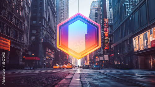 A glowing hexagon with gradient colors suspended in front of a high-detail photographic city street, blending sharp realism with surreal digital effects,