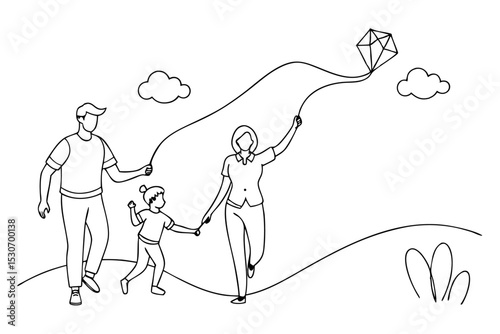 Continuous line drawing family weekend scene isolated on transparent background