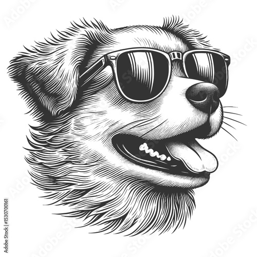 happy, long-haired dog wearing sunglasses, tongue out and wind in its fur, exuding fun and freedom sketch engraving generative ai vector illustration. Scratch board imitation. Black and white image.