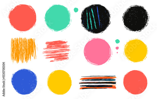 Grungy vector circular and straight long lines, colorful kids circles and lines set, bright childish ink brush art shapes, hand drawn dirty distressed textures, vector illustration.