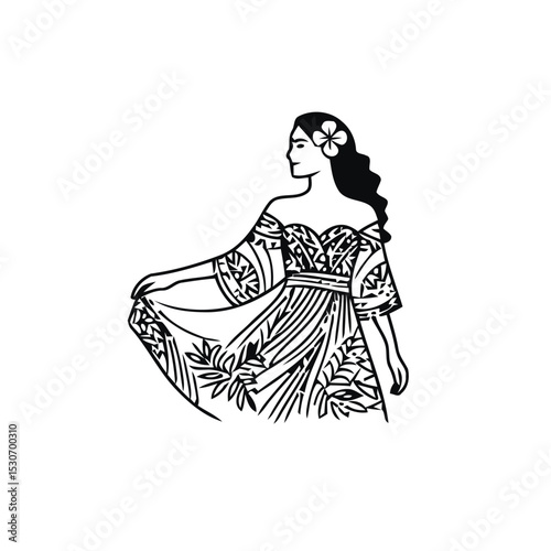 woman wear traditional fashion Polynesian muumuu with tropical patterns
