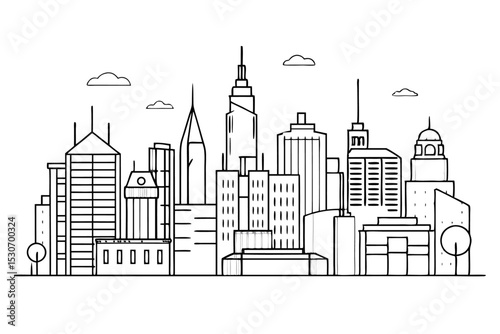 Single continuous line art city building design isolated on transparent background