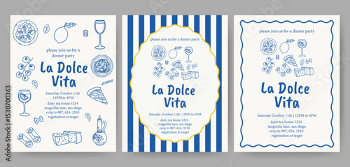Hand drawn Italian dinner party invitation templates. Pasta, pizza, wine glass, cheese, tomato, lemon, olive oil, and cannoli illustrations. Elegant La Dolce Vita designs with food doodles.