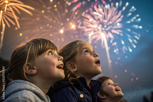Three Children Mesmerized by Colorful Fireworks Display at Night Celebrating with Joy and Wonder