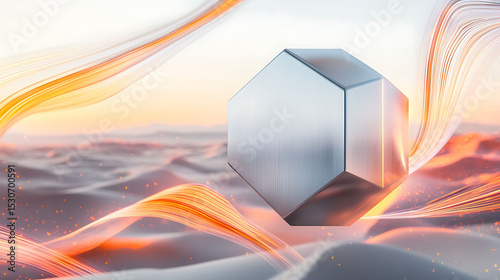 A matte silver hexagon with prism diffraction highlights over a crystal-clear desert landscape, with swirling orange and magenta light accents,