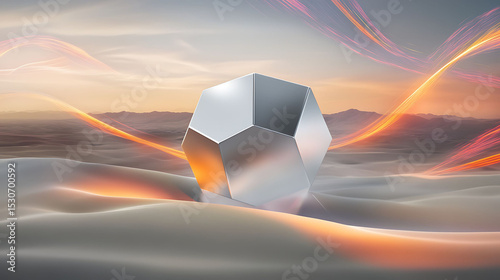 A matte silver hexagon with prism diffraction highlights over a crystal-clear desert landscape, with swirling orange and magenta light accents,