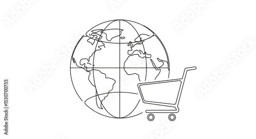 A line drawing of a globe with continents and a shopping cart in front of it on a white background