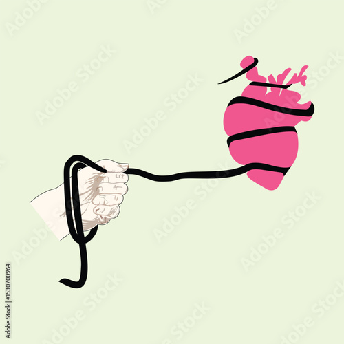 Hand drawn illustration of a human hand holding a heart shaped pillow. illustration of a person with a tied heart. A hand holding a rope to tie the heart.
