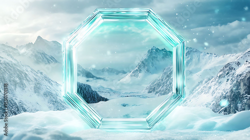 A transparent hexagon with icy edges placed in front of a snow-covered mountain scene, surrounded by soft teal and sky blue glow effects,