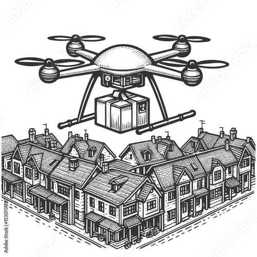 drone flying above suburban houses while delivering a package, symbolizing modern logistics sketch engraving generative ai vector illustration. Scratch board imitation. Black and white image.