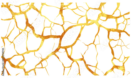 Gold cracks pattern on white background, shimmering golden streaks texture, kintsugi vector illustration, Japanese art, beauty of imperfection, abstract lines, metallic texture, wallpaper, png.