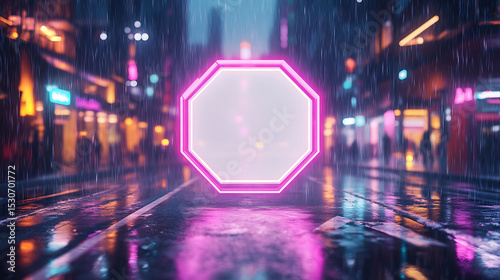 A white hexagon with glowing neon outlines in gradient pink and violet, centered over a high-detail street view with rain reflections and colorful ambient lights,
