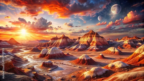 Surreal Desert Landscape with Celestial Sky