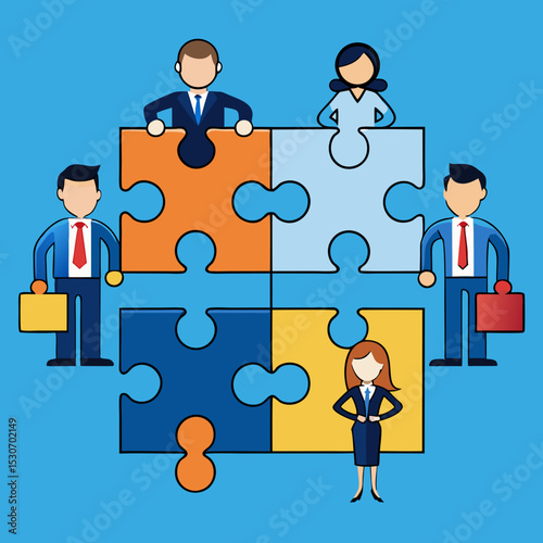 Cohesive Business Team Collaborating to Assemble a Project Puzzle for Success Vector Illustration

