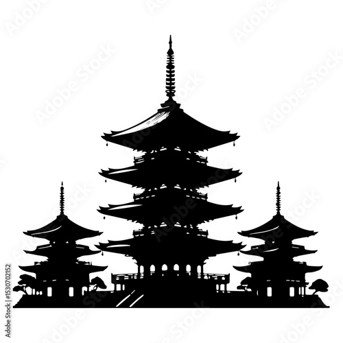 Traditional Japanese pagoda silhouette logo featuring multiple tiered roofs and ornate spires in bold black vector illustration