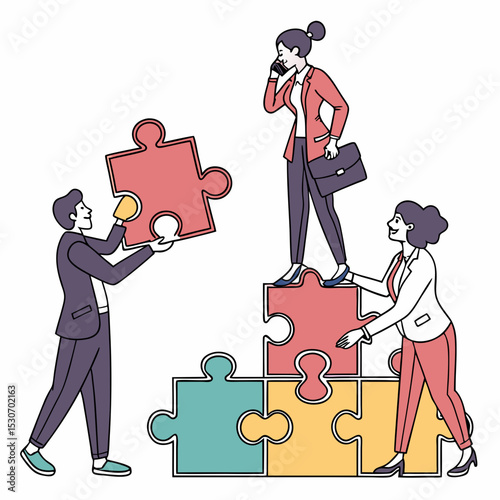 Business Leadership and Strategic Problem Solving with Team Assembling Puzzle Pieces Vector

