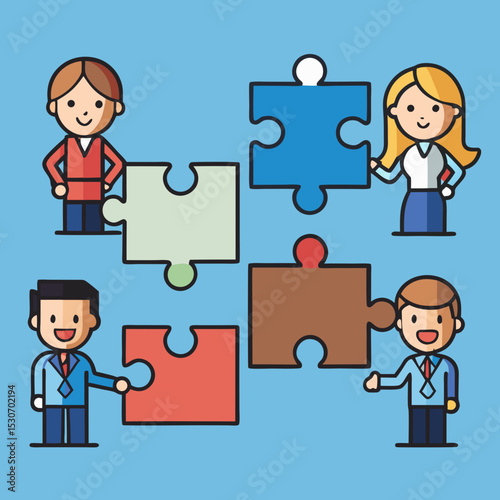 Collaborative Business Professionals Working Together to Assemble a Puzzle for Strategic Solutions Vector Illustration

