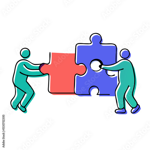 Two Individuals Collaboratively Connecting Puzzle Pieces to Form a Solution Vector Illustration

