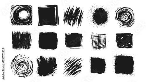 Vector illustration of grunge hand drawn textures set with circles, liquid paint smears, spirals, brush strokes, graffiti boxes, punk elements, artistic backgrounds, urban design elements.