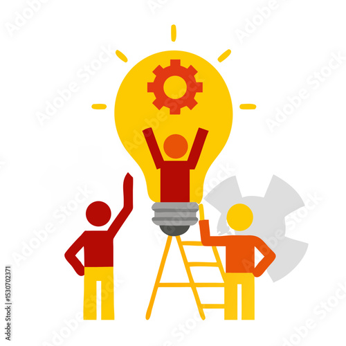Collaborative Teamwork and Idea Development with Gears and a Large Lightbulb Vector Illustration

