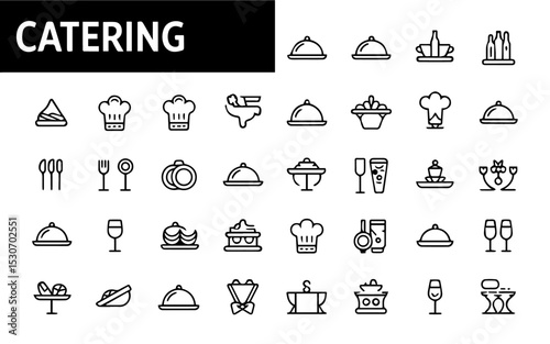 Editable stroke icon set representing catering and food service concepts, with clean black line illustrations of chefs, dishes, utensils, drinks, and serving elements on a white background.