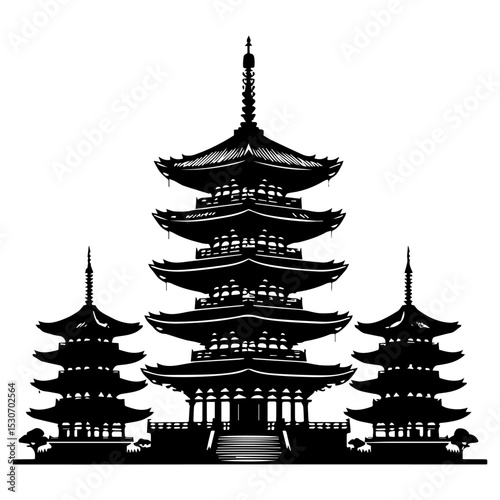 Traditional Japanese pagodas with multiple tiered roofs and ornate spires, presented as bold black silhouettes against a clean white background. Architecture concept