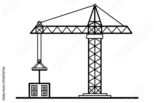 Single line continuous line drawing of a tower crane isolated on transparent background