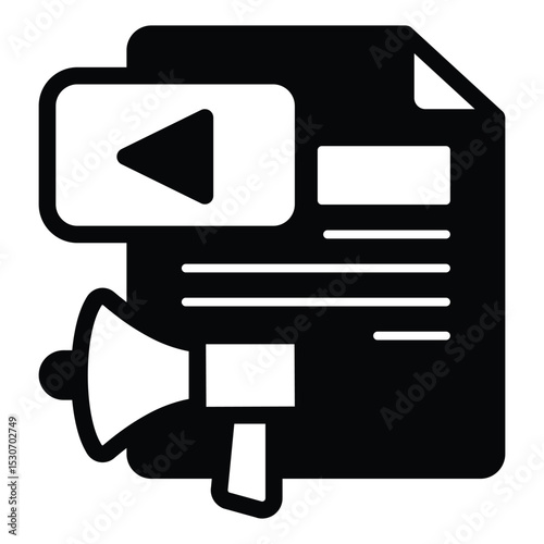 Paper with loudspeaker and video solid icon, exhibition concept. Vector graphics. Promotion contract, document sign on white background, style mobile or design.