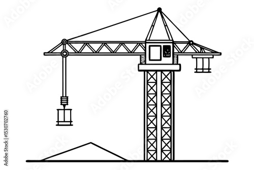 Single line continuous line drawing of a tower crane isolated on transparent background
