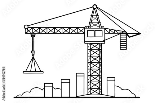 Single line continuous outline drawing of a tower crane isolated on transparent background